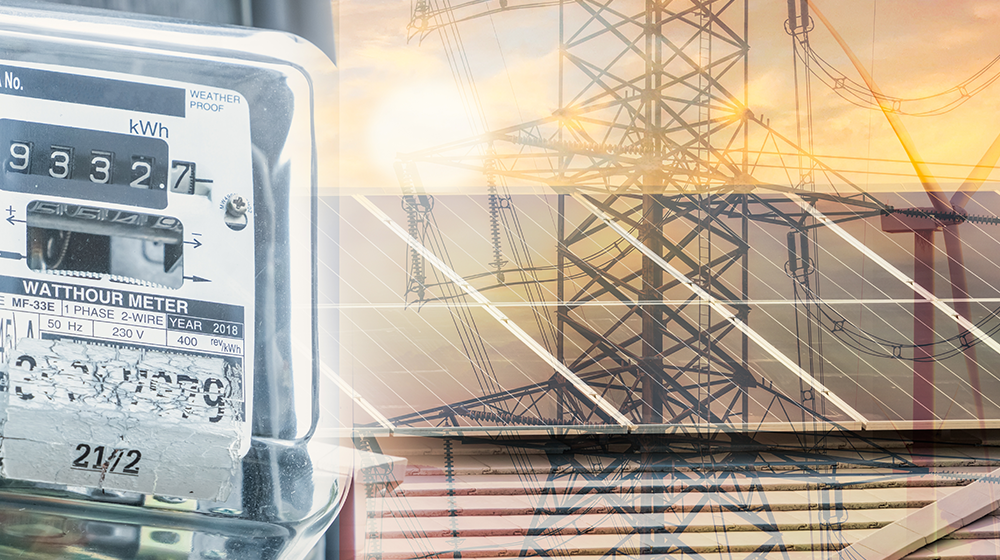 Watt-hour meter with solar panels and transmission towers
