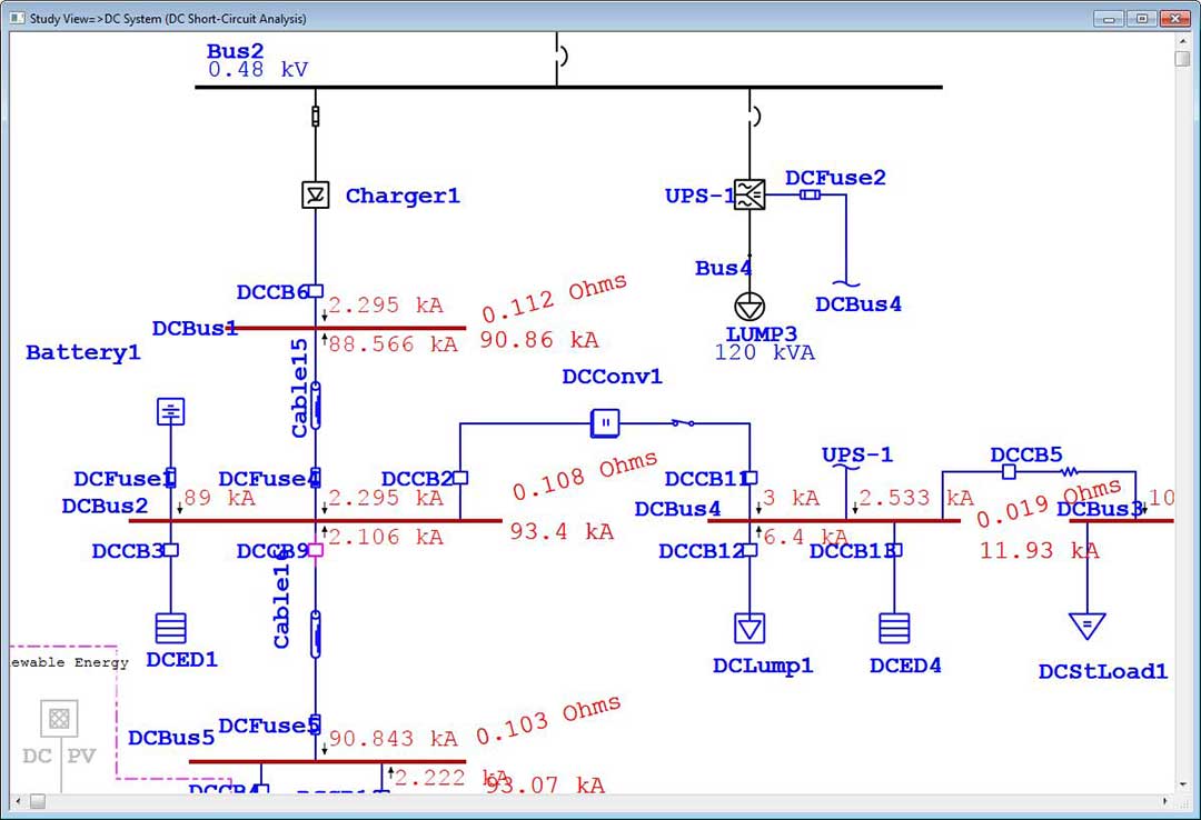 DC Short Circuit analysis with results printed on a one-line diagram