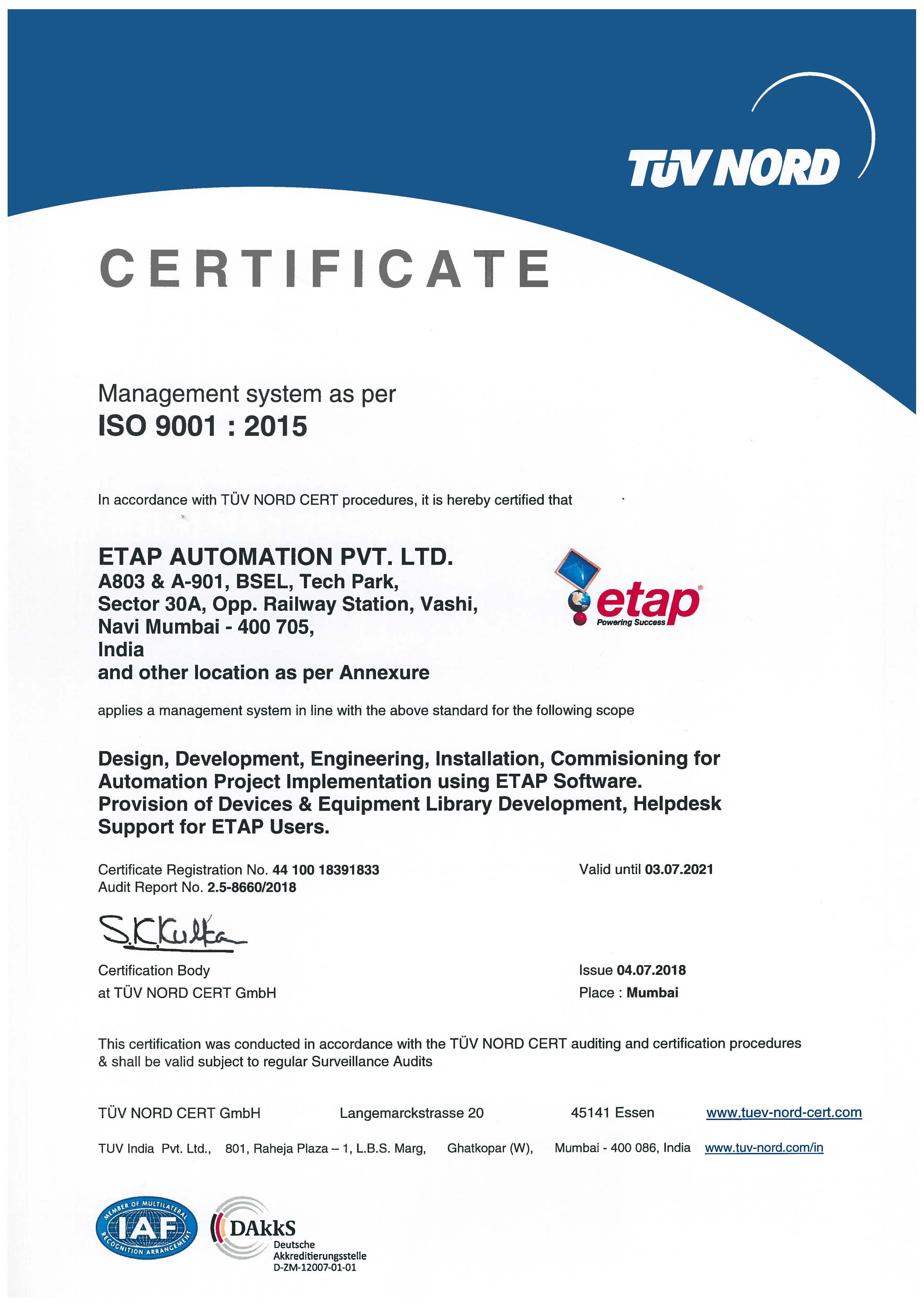 ETAP India  ISO 9001:2015 Certificate by TUV Nord
