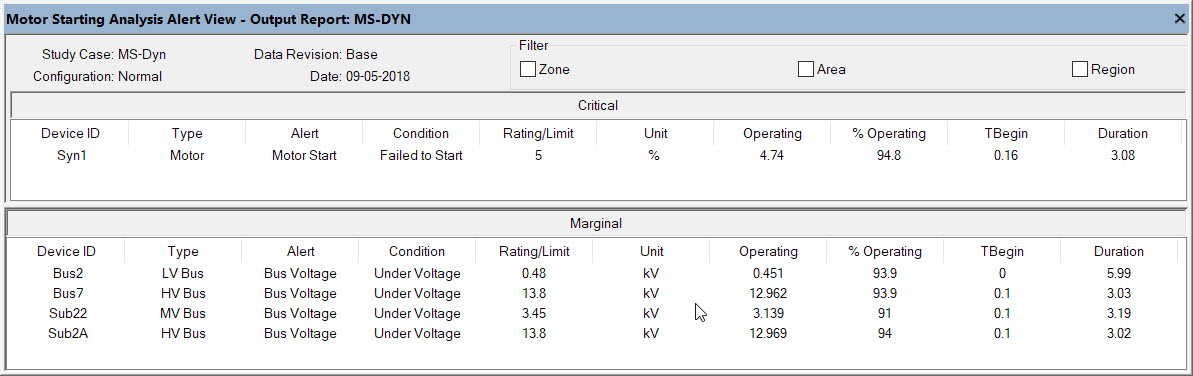 Motor Starting Analysis Alert View