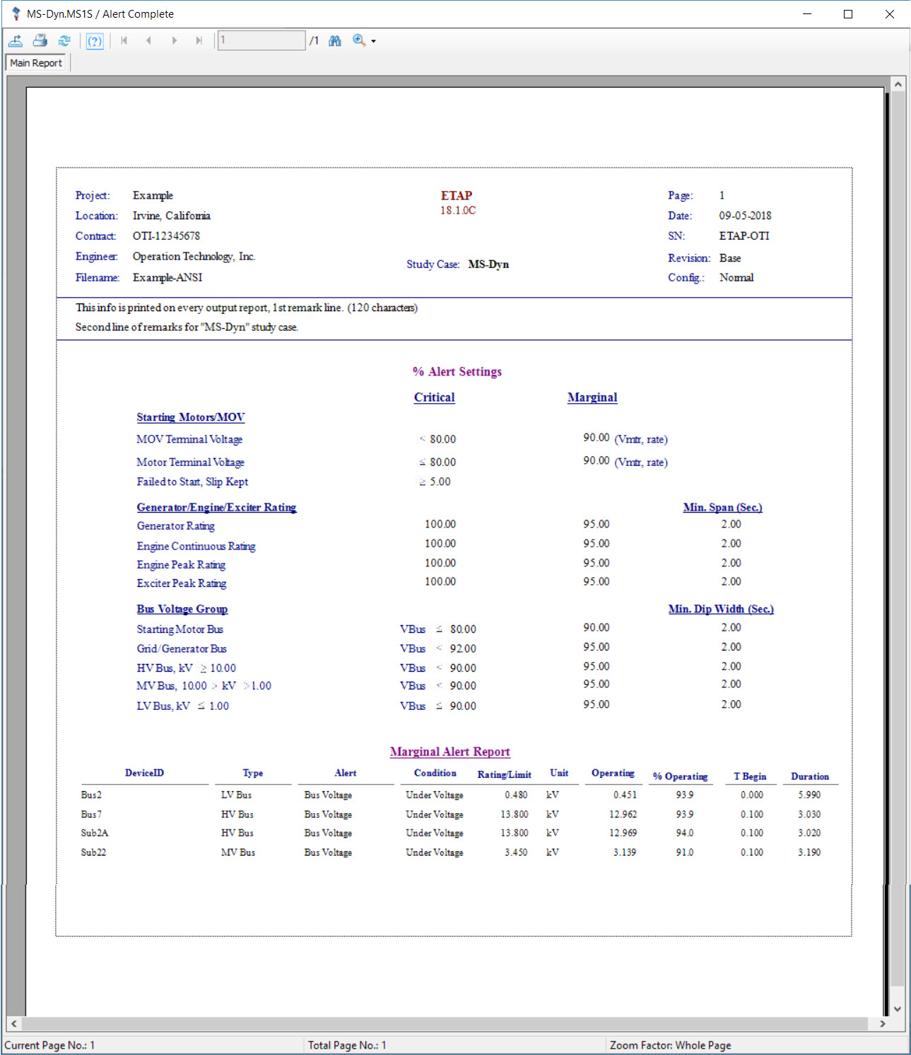 Motor Starting Analysis Software Alert Report